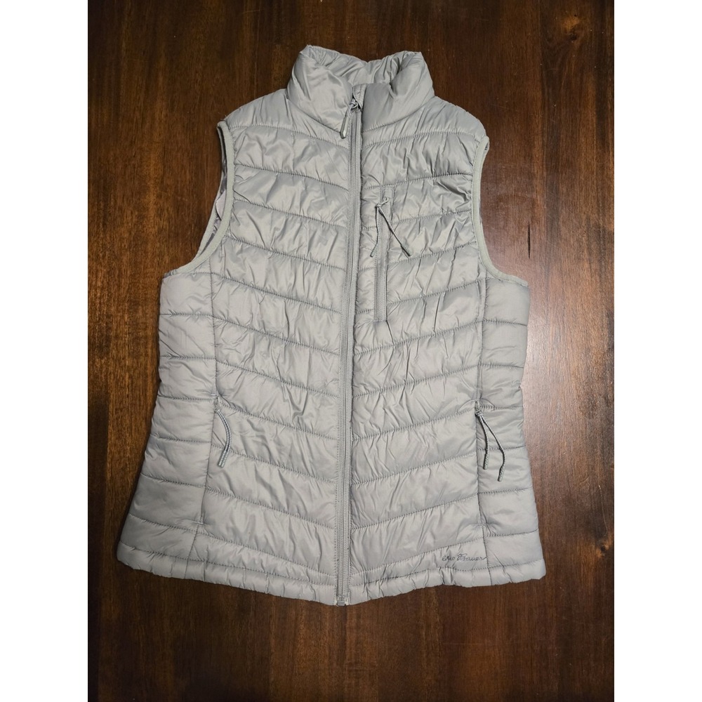Eddie Bauer Gray Puffer Vest Womens XS Pockets Full Zip Up Logo Warm Pics!!